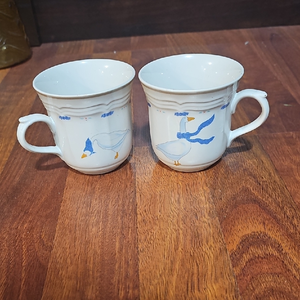 Charming White Mugs with Blue Goose Design